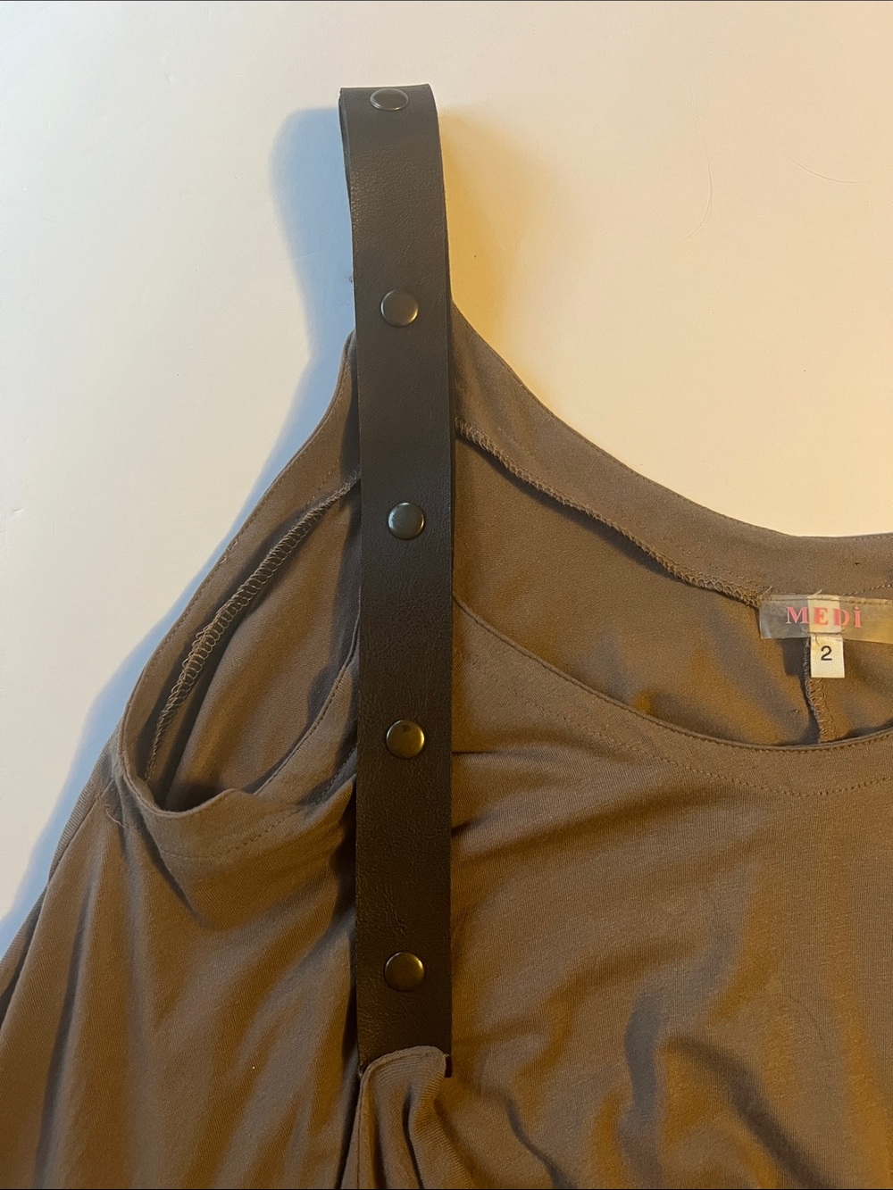 MEDI Brown Asymmetrical Women’s Dress Faux Leather Shoulder Straps Size 2 EUC - Picture 8 of 10